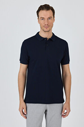 Koyu Lacivert Polo Yaka Kısa Kol Cepsiz Slim Fit Classic Pamuklu Tişört 1011250177
