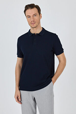 Koyu Lacivert Polo Yaka Kısa Kol Cepsiz Slim Fit Classic Pamuklu Tişört 1011250177