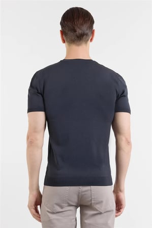 Koyu Lacivert Kısa Kol Bisiklet Yaka Cepsiz  Slim Fit  Tişört 1011250179