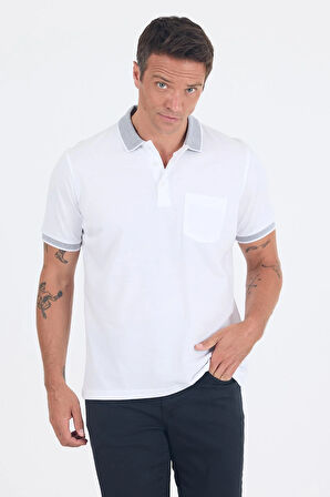 Beyaz Polo Yaka Kısa Kol Cepli Comfort Fit :%100 Pamuk Tişört 1011250181
