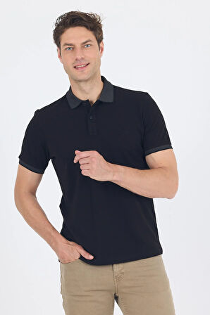 Siyah Polo Yaka Kısa Kol Cepsiz Slim Fit :%100 Pamuk Tişört 1011250182