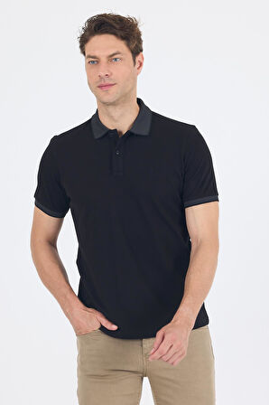 Siyah Polo Yaka Kısa Kol Cepsiz Slim Fit :%100 Pamuk Tişört 1011250182