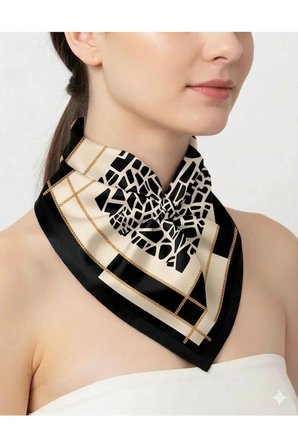 Tarzını Seç Siyah Mozaik Zincir Fular / Bandana / Aksesuar 48x48 cm