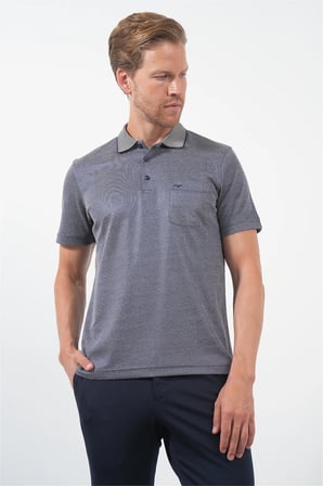 Lacivert-Bej Kendinden Desenli Polo Yaka Kısa Kol Cepli Comfort Fit Pamuklu Tişört 1011260152