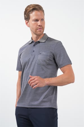 Lacivert-Bej Kendinden Desenli Polo Yaka Kısa Kol Cepli Comfort Fit Pamuklu Tişört 1011260152