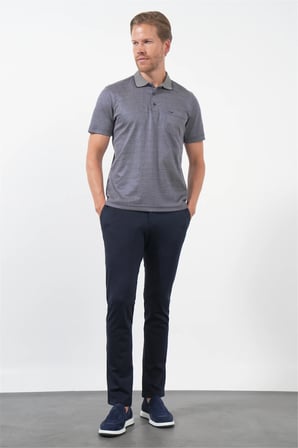 Lacivert-Bej Kendinden Desenli Polo Yaka Kısa Kol Cepli Comfort Fit Pamuklu Tişört 1011260152