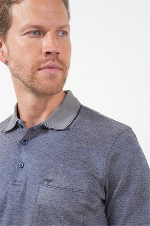 Lacivert-Bej Kendinden Desenli Polo Yaka Kısa Kol Cepli Comfort Fit Pamuklu Tişört 1011260152