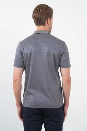 Lacivert-Bej Kendinden Desenli Polo Yaka Kısa Kol Cepli Comfort Fit Pamuklu Tişört 1011260152