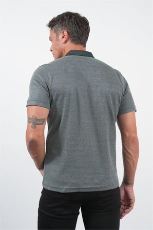 Lacivert-S.Yeşil Kendinden Desenli Polo Yaka Kısa Kol Cepli Comfort Fit Pamuklu Tişört 1011260152