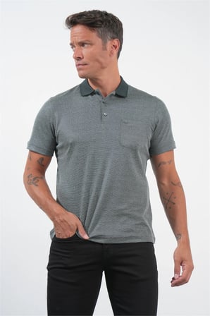 Lacivert-S.Yeşil Kendinden Desenli Polo Yaka Kısa Kol Cepli Comfort Fit Pamuklu Tişört 1011260152