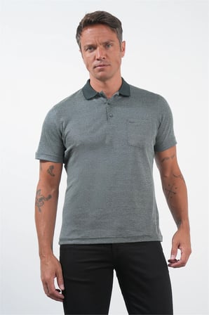Lacivert-S.Yeşil Kendinden Desenli Polo Yaka Kısa Kol Cepli Comfort Fit Pamuklu Tişört 1011260152