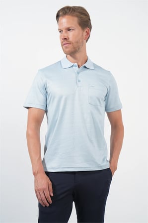 Mavi-Beyaz Kendinden Desenli Polo Yaka Kısa Kol Cepli Comfort Fit Pamuklu Tişört 1011260152