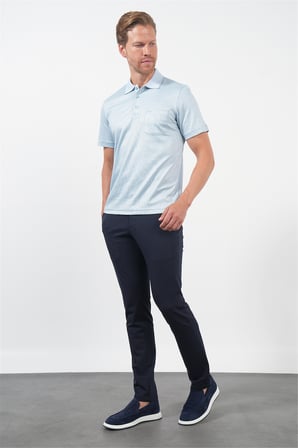 Mavi-Beyaz Kendinden Desenli Polo Yaka Kısa Kol Cepli Comfort Fit Pamuklu Tişört 1011260152