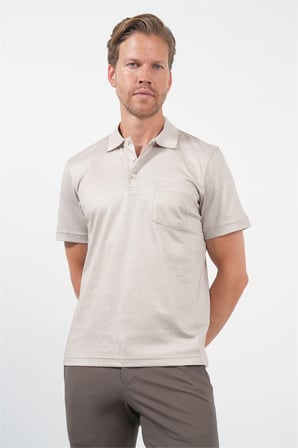 Bej-Beyaz Kendinden Desenli Polo Yaka Kısa Kol Cepli Comfort Fit Pamuklu Tişört 1011260152