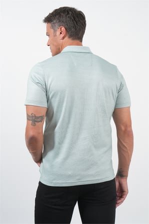 Yeşil-Beyaz Kendinden Desenli Polo Yaka Kısa Kol Cepli Comfort Fit Pamuklu Tişört 1011260152