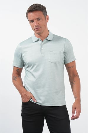 Yeşil-Beyaz Kendinden Desenli Polo Yaka Kısa Kol Cepli Comfort Fit Pamuklu Tişört 1011260152