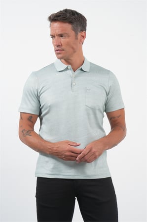 Yeşil-Beyaz Kendinden Desenli Polo Yaka Kısa Kol Cepli Comfort Fit Pamuklu Tişört 1011260152
