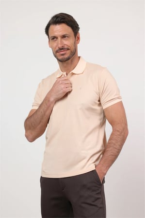Bej Polo Yaka Kısa Kol Cepsiz Comfort Fit Pamuklu Tişört 1011260153