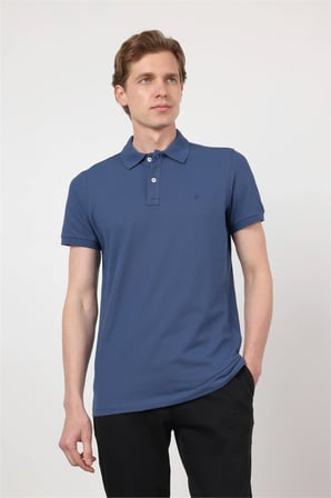 İndigo Mavi Polo Yaka Kısa Kol Cepsiz Slim Fit Pamuklu Tişört 1011260154