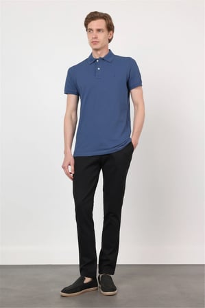 İndigo Mavi Polo Yaka Kısa Kol Cepsiz Slim Fit Pamuklu Tişört 1011260154