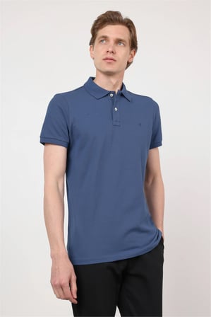 İndigo Mavi Polo Yaka Kısa Kol Cepsiz Slim Fit Pamuklu Tişört 1011260154