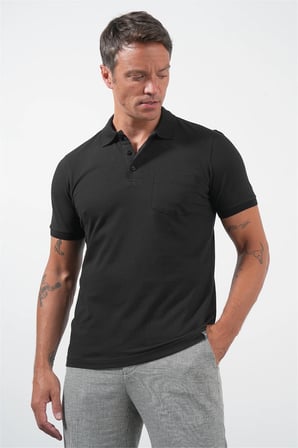 Siyah Polo Yaka Kısa Kol Cepli Comfort Fit Pamuklu Tişört 1011260155