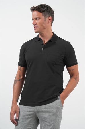 Siyah Polo Yaka Kısa Kol Cepli Comfort Fit Pamuklu Tişört 1011260155