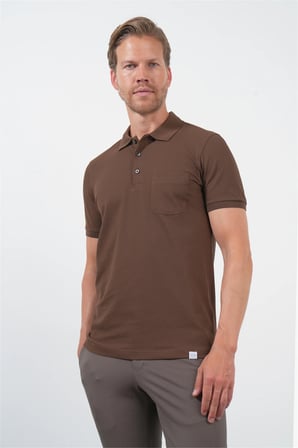 Kahverengi Polo Yaka Kısa Kol Cepli Comfort Fit Pamuklu Tişört 1011260155