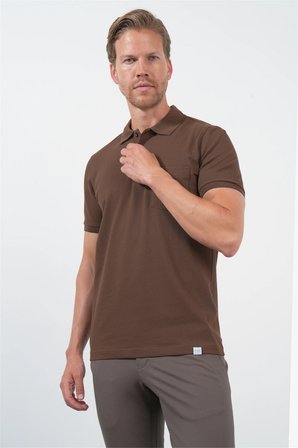 Kahverengi Polo Yaka Kısa Kol Cepli Comfort Fit Pamuklu Tişört 1011260155