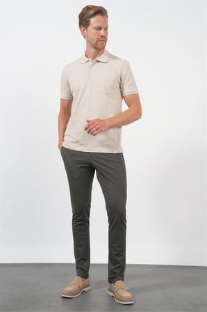 Bej Polo Yaka Kısa Kol Cepli Comfort Fit Pamuklu Tişört 1011260155