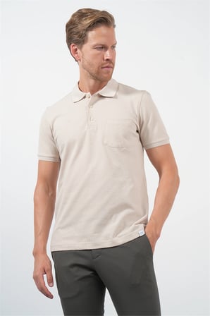 Bej Polo Yaka Kısa Kol Cepli Comfort Fit Pamuklu Tişört 1011260155