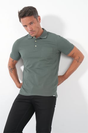 Haki Polo Yaka Kısa Kol Cepli Comfort Fit Pamuklu Tişört 1011260155