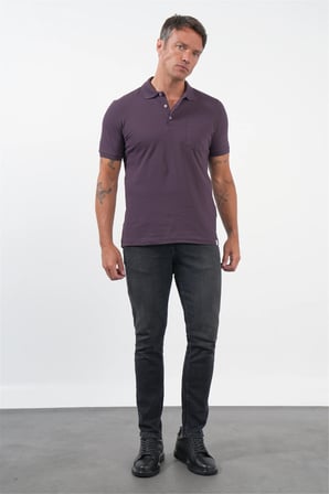 Mor Polo Yaka Kısa Kol Cepli Comfort Fit Pamuklu Tişört 1011260155