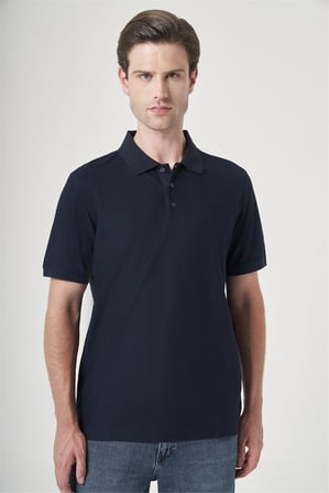 Lacivert Polo Yaka Kısa Kol Cepsiz Comfort Fit %100 Pamuk Tişört 1011260162