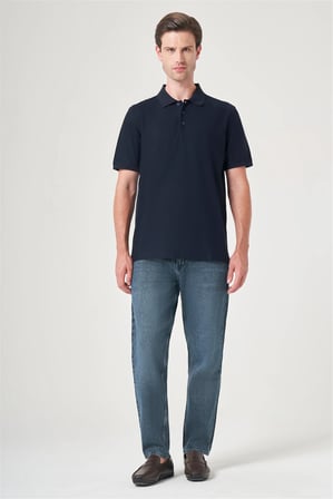 Lacivert Polo Yaka Kısa Kol Cepsiz Comfort Fit %100 Pamuk Tişört 1011260162