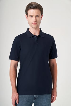 Lacivert Polo Yaka Kısa Kol Cepsiz Comfort Fit %100 Pamuk Tişört 1011260162