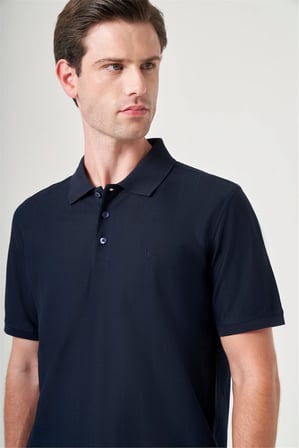 Lacivert Polo Yaka Kısa Kol Cepsiz Comfort Fit %100 Pamuk Tişört 1011260162