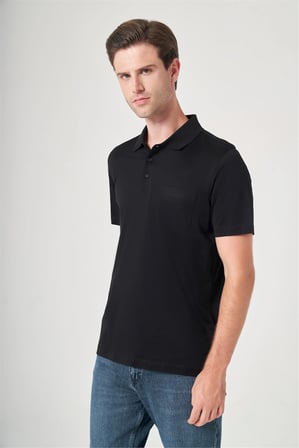 Siyah Polo Yaka Kısa Kol Cepli Comfort Fit %100 Pamuk Tişört 1011260163