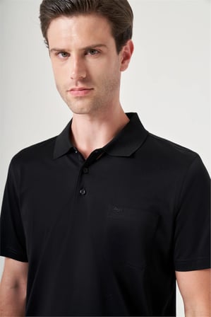 Siyah Polo Yaka Kısa Kol Cepli Comfort Fit %100 Pamuk Tişört 1011260163