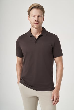 Kahverengi Polo Yaka Kısa Kol Cepli Comfort Fit %100 Pamuk Tişört 1011260163