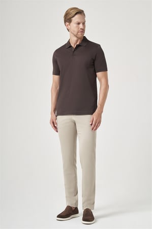 Kahverengi Polo Yaka Kısa Kol Cepli Comfort Fit %100 Pamuk Tişört 1011260163