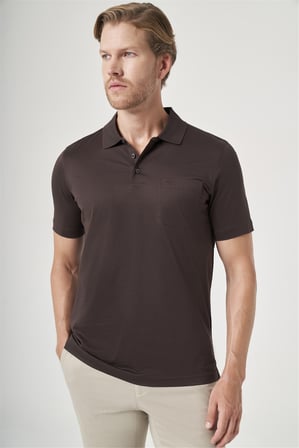 Kahverengi Polo Yaka Kısa Kol Cepli Comfort Fit %100 Pamuk Tişört 1011260163