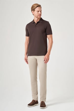 Kahverengi Polo Yaka Kısa Kol Cepli Comfort Fit %100 Pamuk Tişört 1011260163