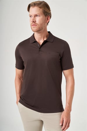 Kahverengi Polo Yaka Kısa Kol Cepli Comfort Fit %100 Pamuk Tişört 1011260163