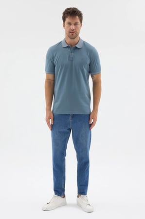 Koyu Mavi Polo Yaka Pike Kısa Kol Slim Fit %100 Pamuk Tişört 1011260171