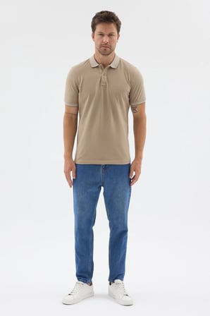 Bej Polo Yaka Pike Kısa Kol Slim Fit %100 Pamuk Tişört 1011260171