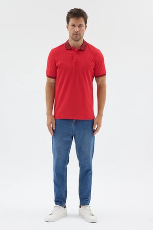 Kırmızı Polo Yaka Pike Kısa Kol Slim Fit %100 Pamuk Tişört 1011260171