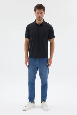 Siyah Polo Yaka Örme Kısa Kol Standart Fit Esnek Tişört 1011260176
