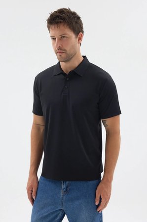 Siyah Polo Yaka Örme Kısa Kol Standart Fit Esnek Tişört 1011260176
