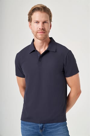 Lacivert Polo Yaka Kısa Kol Rahat Kesim Esnek Kıvrılmaz Yaka Performance Technology Tişört 1011260179